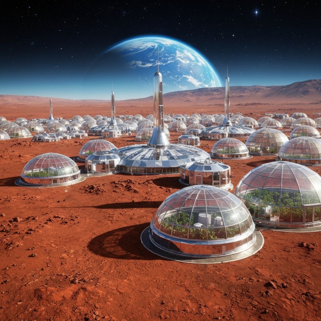 Mars colony with geodesic dome greenhouses on the red surface with Earth visible in the sky