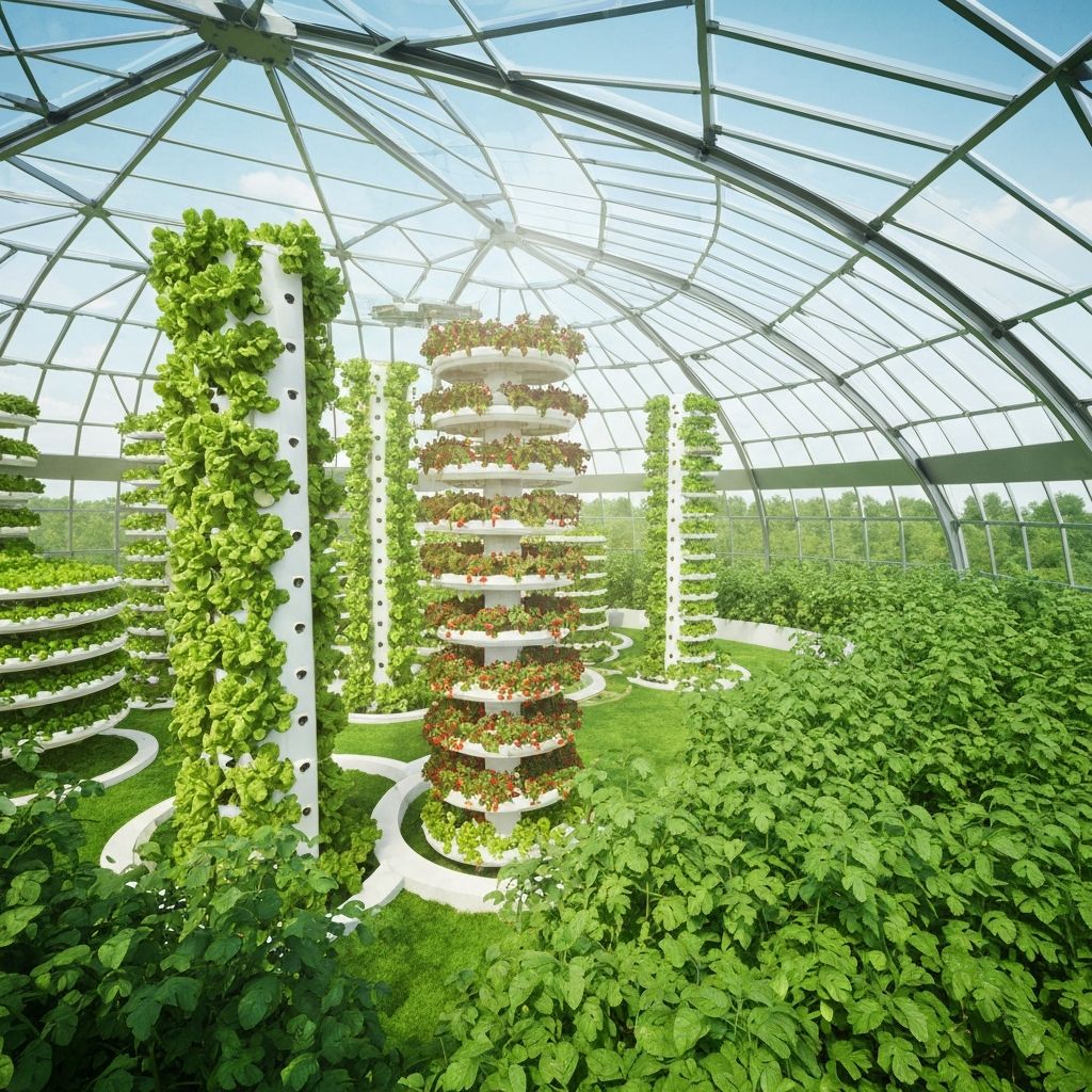 TerraDome geodesic biodome greenhouse with vertical hydroponic systems